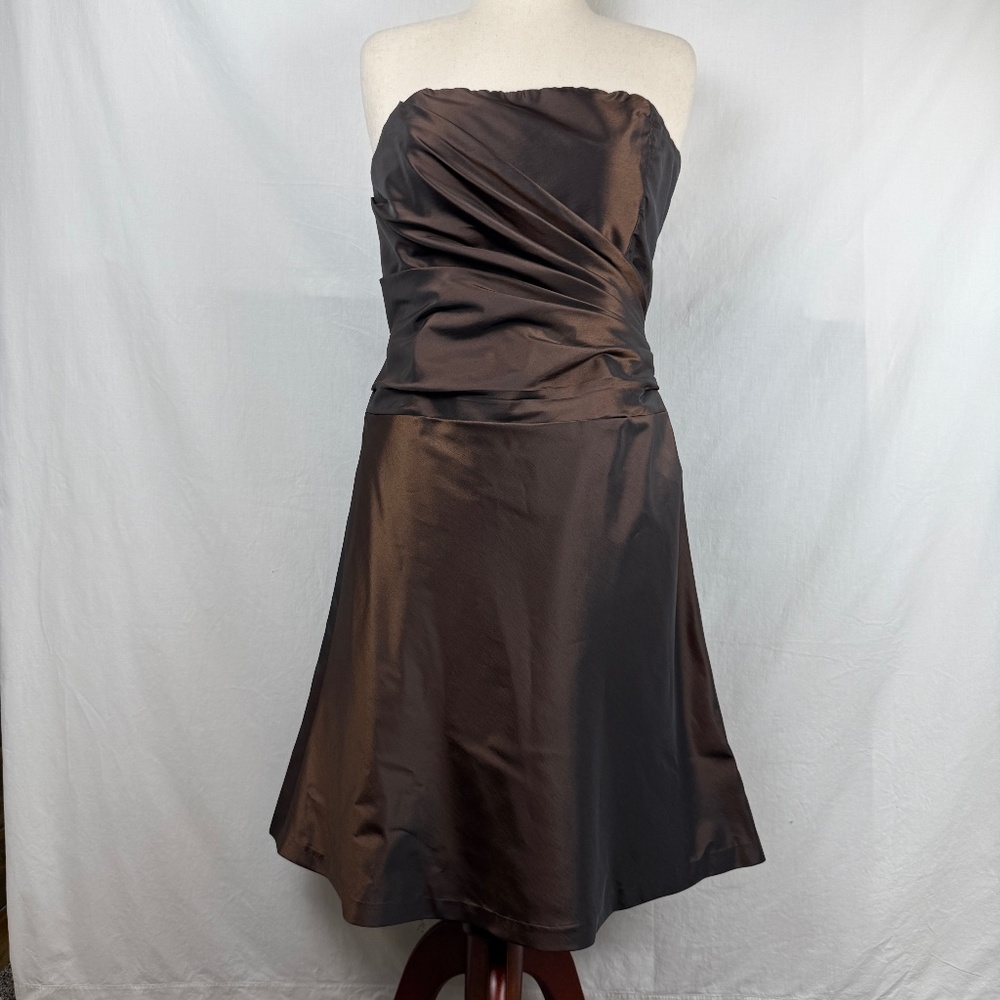 Amsale Strapless Chocolate Brown Cocktail Dress Iridescent Size 14